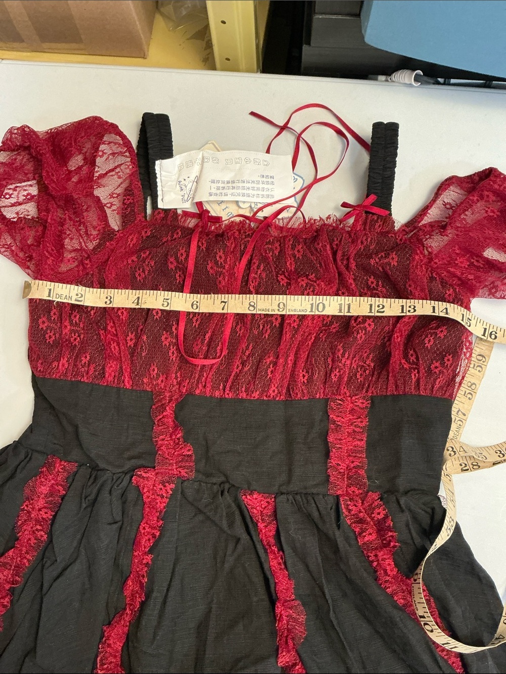 2198 - Red & Black Lace Trim Off-Shoulder Midi Dress
(Crinoline Not included). - Picture 15 of 16